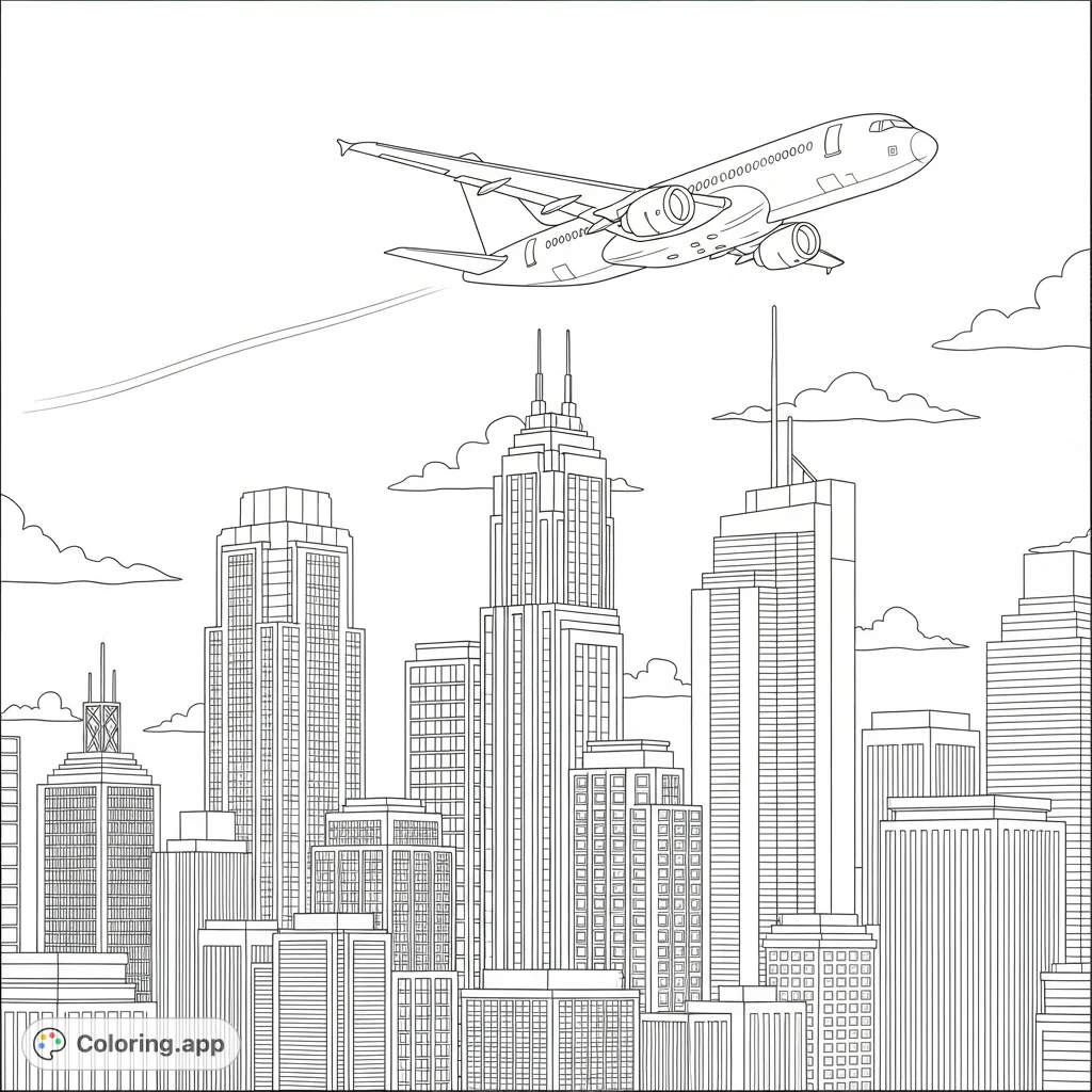 A majestic airplane soars gracefully above a bustling metropolis, featuring towering skyscrapers with intricate details and distant clouds. Perfect for aviation and urban fans.