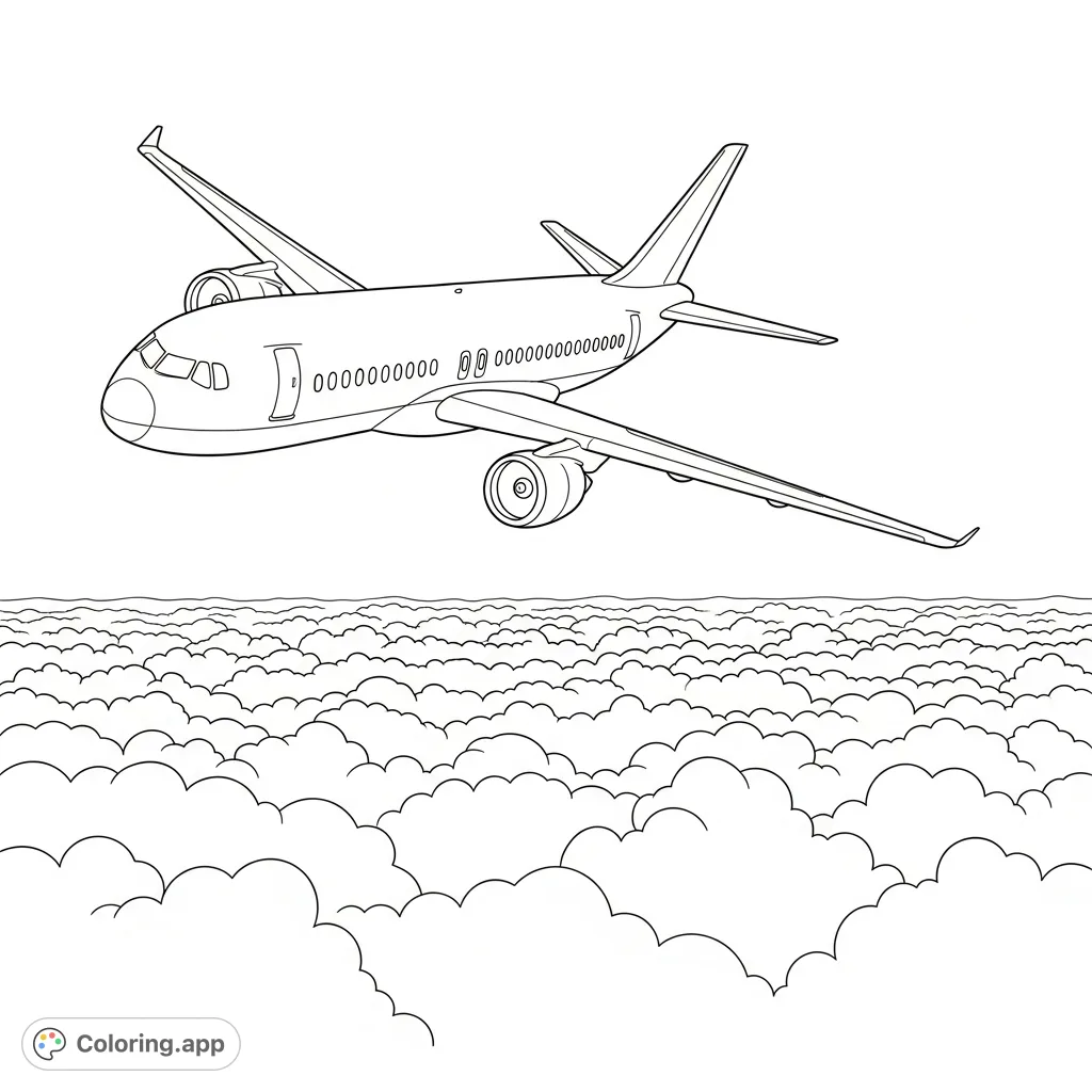 A sleek airplane glides high above a serene landscape of soft, billowing clouds, with the vast sky stretching in the background. A delightful scene for all ages.