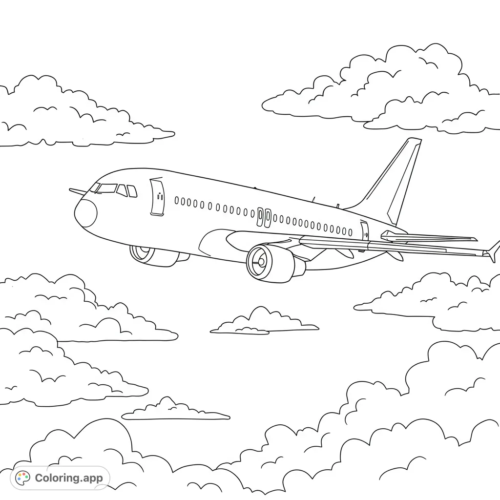 A detailed airplane coloring page soaring through fluffy clouds. Perfect for aviation enthusiasts and young adventurers. Free printable.