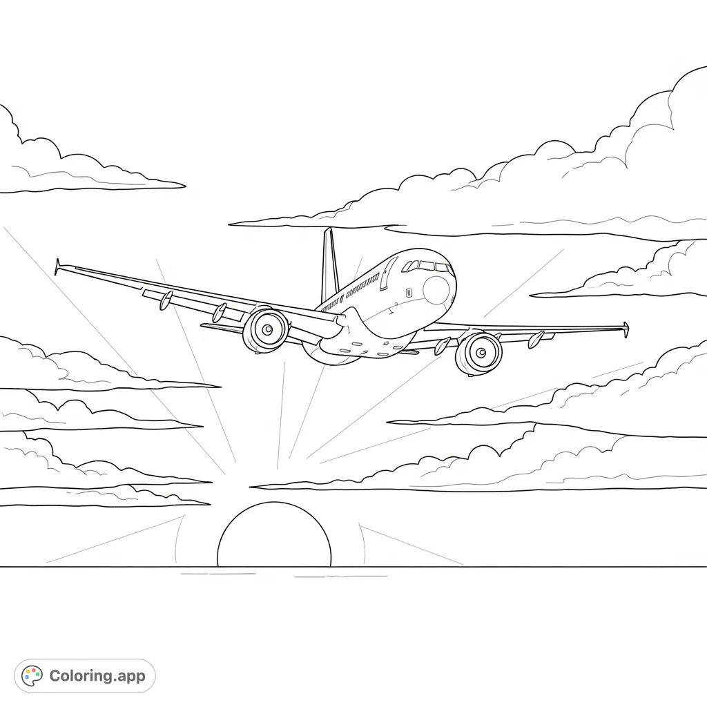 A passenger airplane flies gracefully across a vivid sunset sky, with a prominent sun and dynamic clouds creating a breathtaking aerial vista. Perfect for all ages.