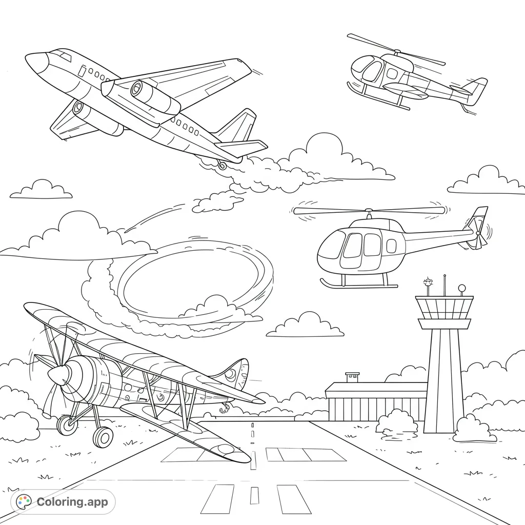 Dynamic airport scene with planes, helicopters, and a control tower. A free printable aviation coloring page for kids and adults.