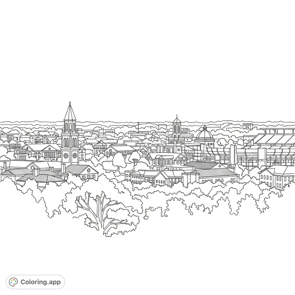 Capture the iconic University of Alabama campus skyline in this detailed coloring page, featuring Denny Chimes, Bryant-Denny Stadium, and campus buildings.