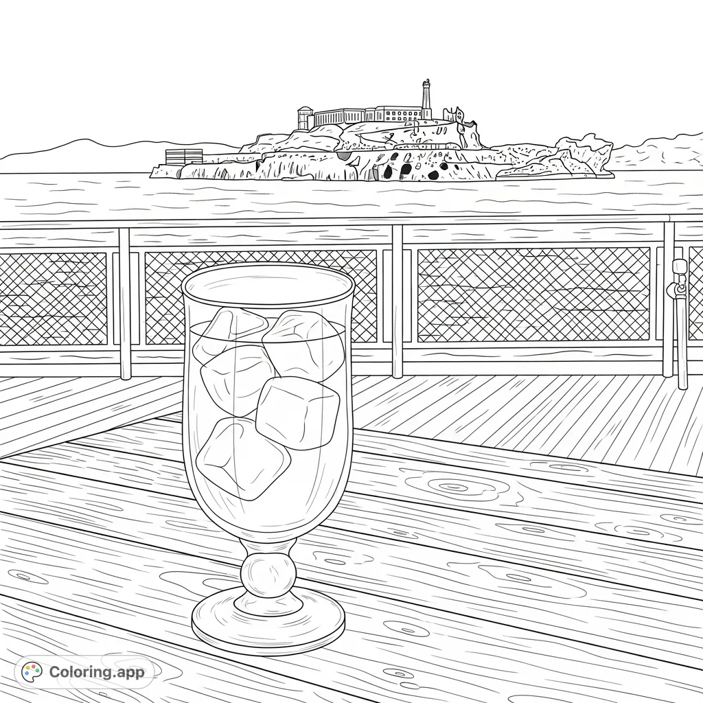 Enjoy a unique Alcatraz coloring page featuring a refreshing cocktail on a ferry deck overlooking San Francisco Bay. A detailed, free printable coloring page.