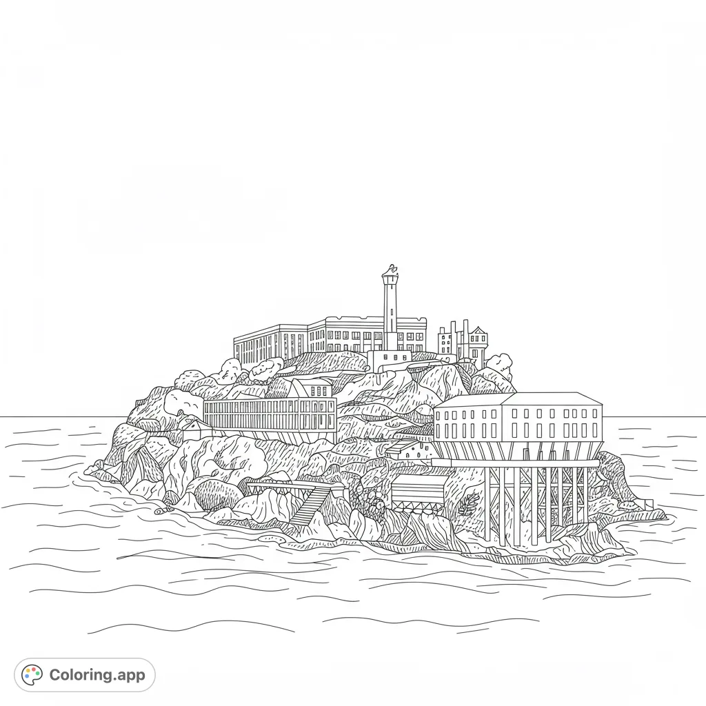 Detailed Alcatraz Island coloring page featuring the iconic prison, lighthouse, and rocky shores. A free printable coloring page for history enthusiasts.