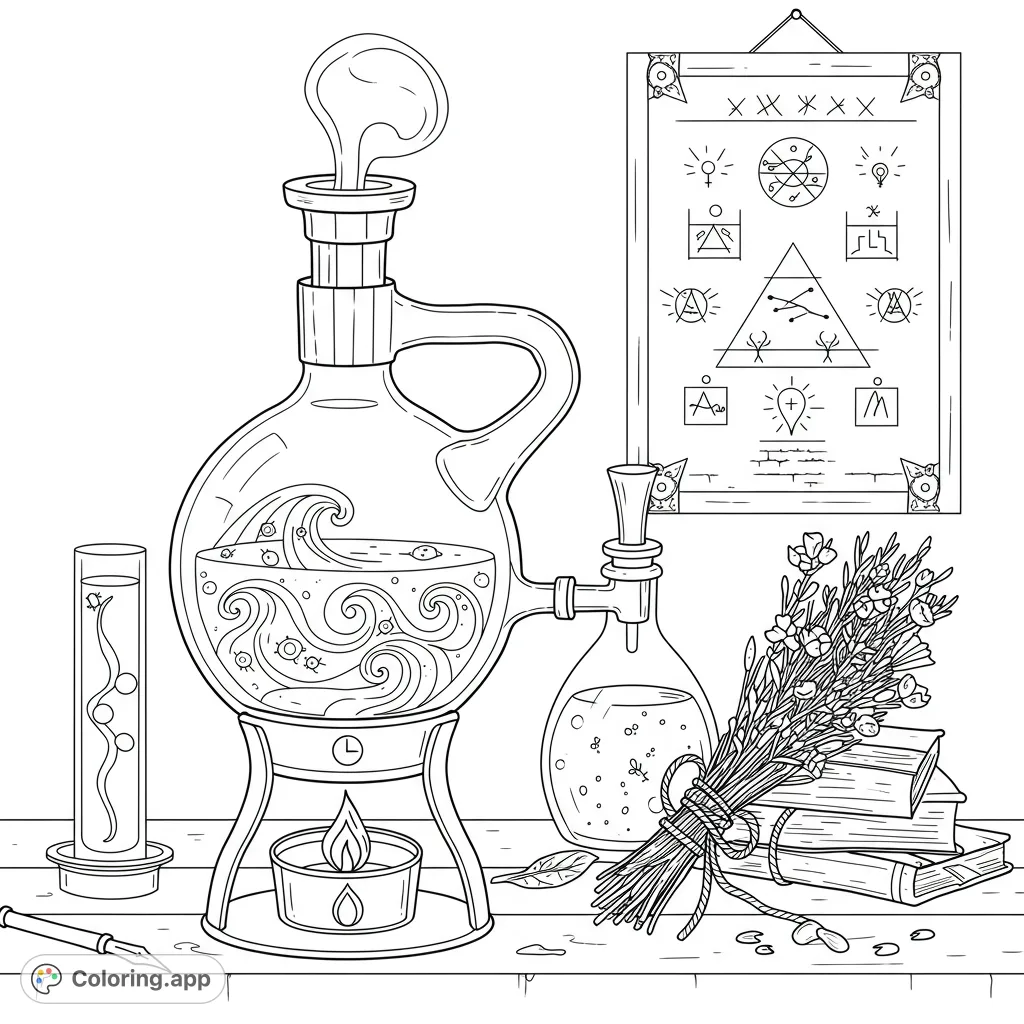 Explore a mystical alchemist's lab with bubbling potions, ancient symbols, and magical herbs. A detailed, free printable fantasy coloring page for all ages.