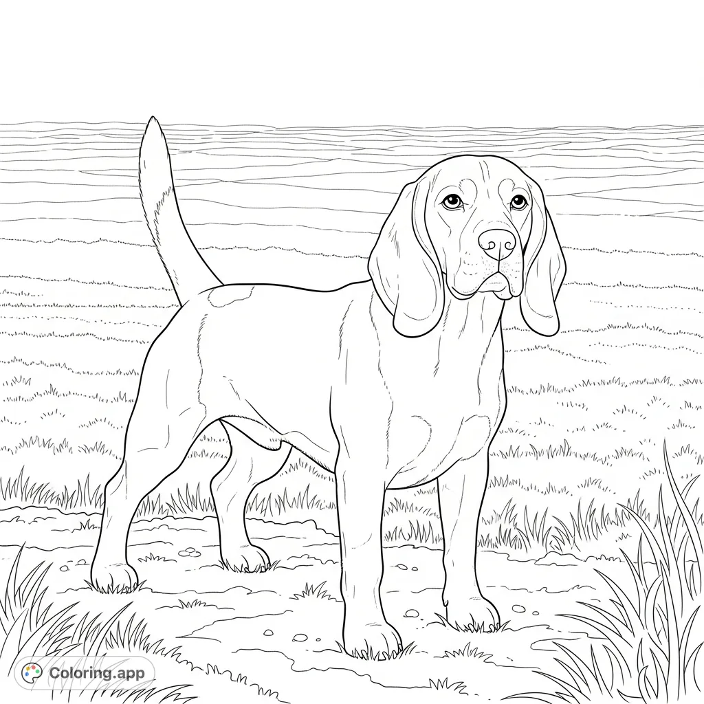A charming coloring page featuring an alert beagle with floppy ears, standing in a vast grassy field. Perfect for animal lovers and dog enthusiasts!