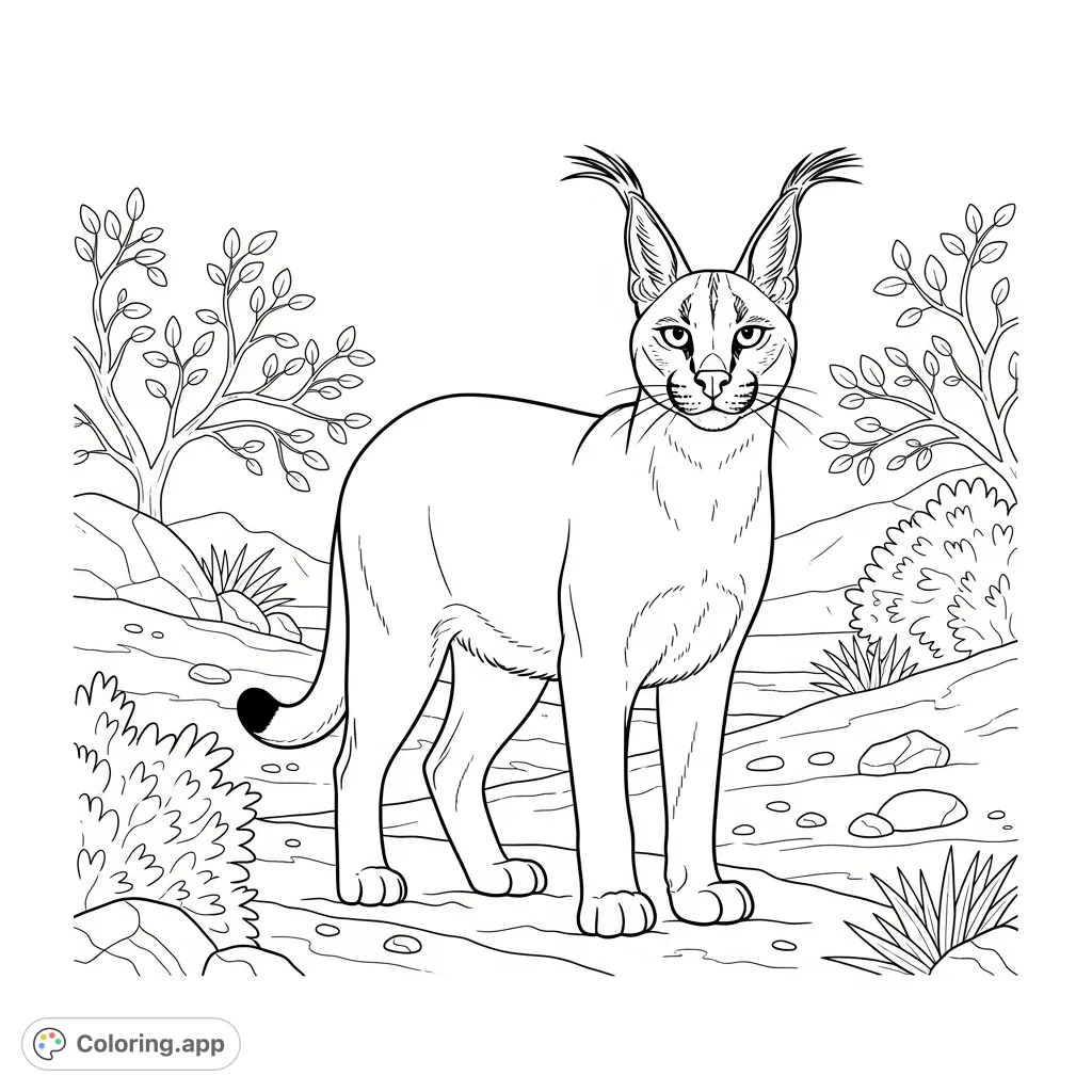 A majestic caracal, alert with its prominent ear tufts, stands poised amidst a detailed desert scrub landscape, inviting intricate coloring.