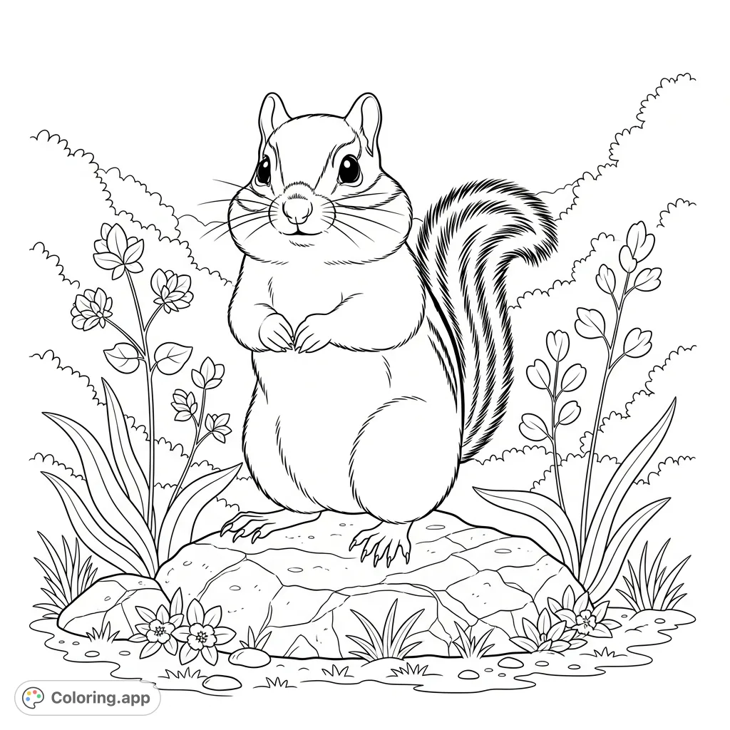 An alert chipmunk stands prominently on a detailed rock, surrounded by small plants and ground cover. Features bold cheek stripes and a bushy tail, set in a natural outdoor scene.