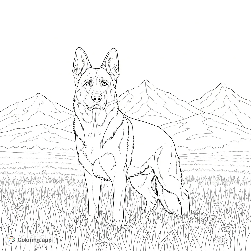 A striking German shepherd stands alert in a textured grassy field, with simplified mountains in the background. Perfect for dog lovers and nature enthusiasts.