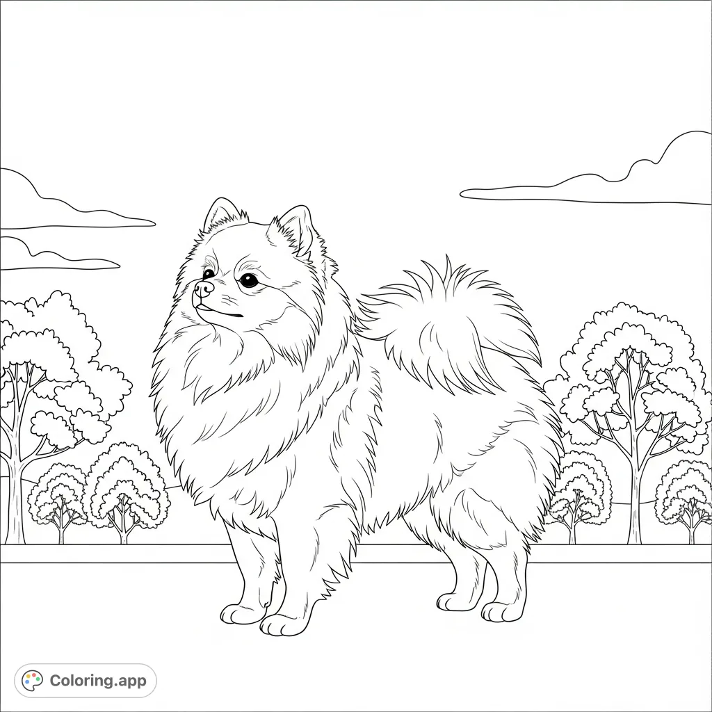 A charming Pomeranian, fluffy and alert with a tilted head, stands before simply drawn trees and a clear sky, ready for creative coloring.
