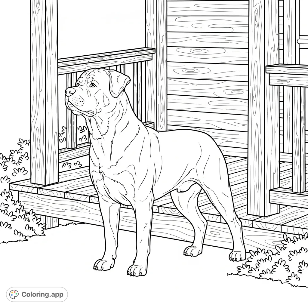 A detailed coloring page featuring a strong Rottweiler standing by a rustic wooden porch, showcasing its robust form and intricate wood grain textures.