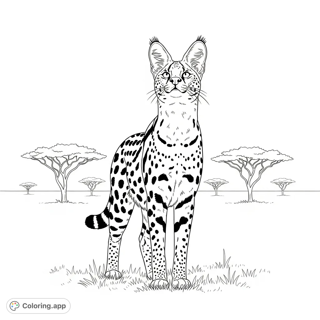 An alert serval with prominent ears gazes upward in a minimalist savanna scene. Features intricate spotted fur and distant acacia trees.