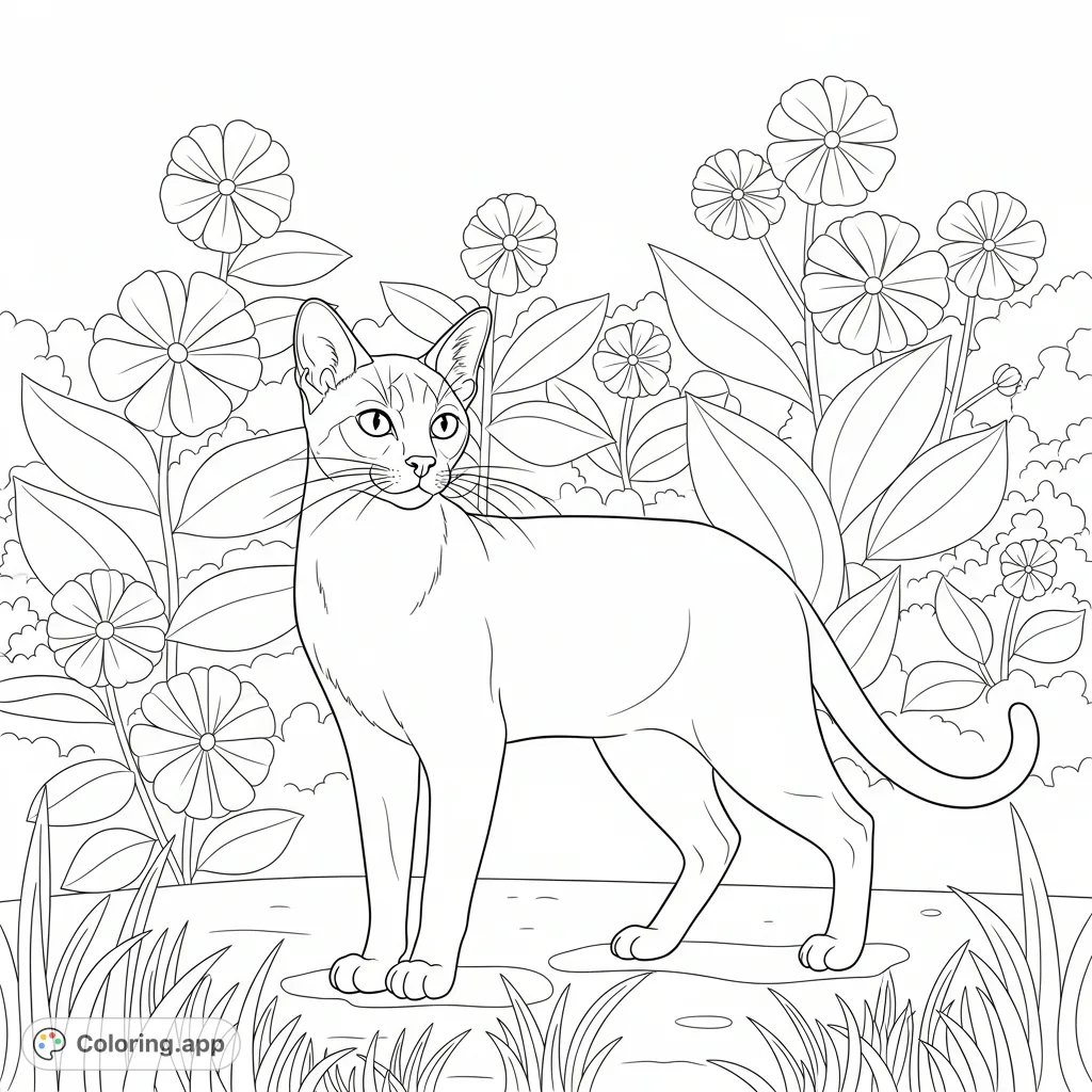 An elegant Siamese cat stands alert amidst a simplified garden of stylized flowers and leaves, offering a delightful and engaging coloring experience.