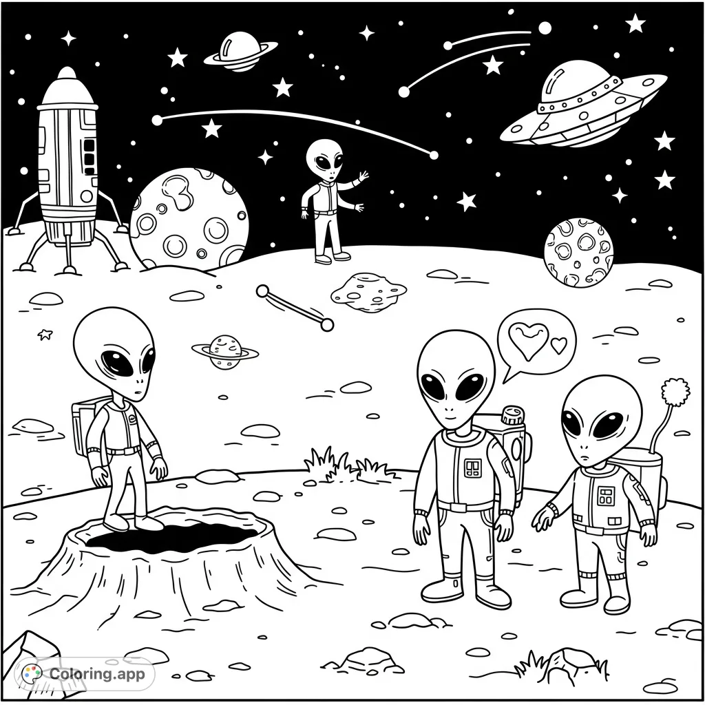 Explore a whimsical alien moonscape with friendly extraterrestrials, spaceships, and planets. A fun, free printable alien coloring page for kids!