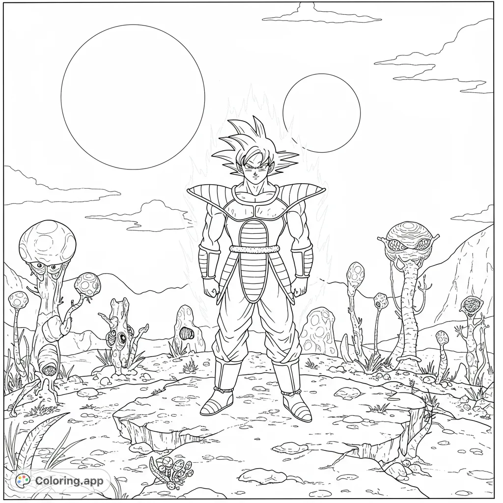 A powerful warrior stands on an alien planet with strange flora and celestial bodies, ready for action. A dynamic sci-fi adventure awaits!