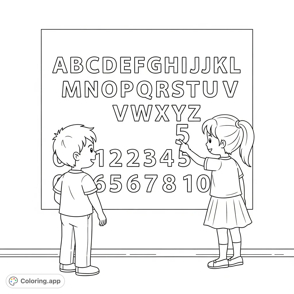 A delightful scene of two children interacting with a large wall chart displaying the uppercase alphabet and numbers 0-10, perfect for learning and fun.