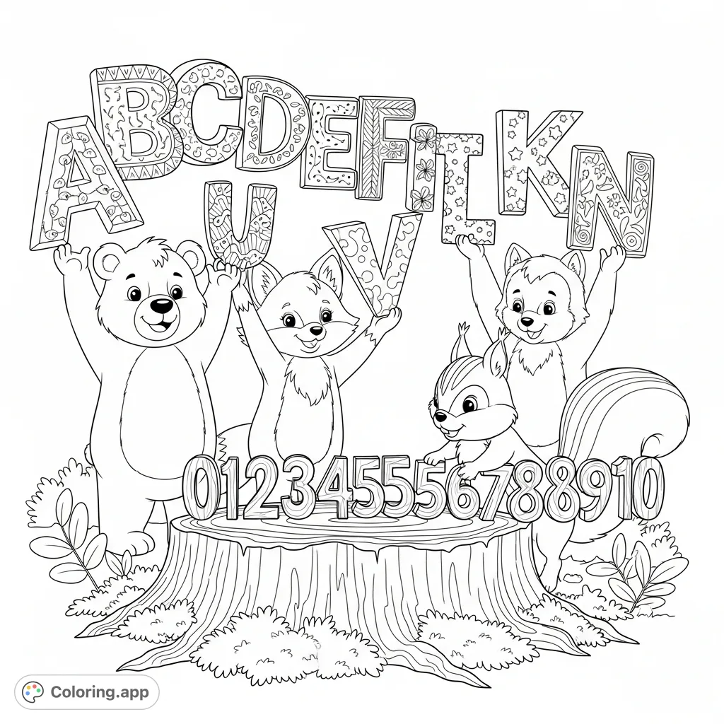 Engage young minds with this delightful coloring page featuring cheerful cartoon animals, uppercase letters, and numbers 0-10 on a mossy stump.