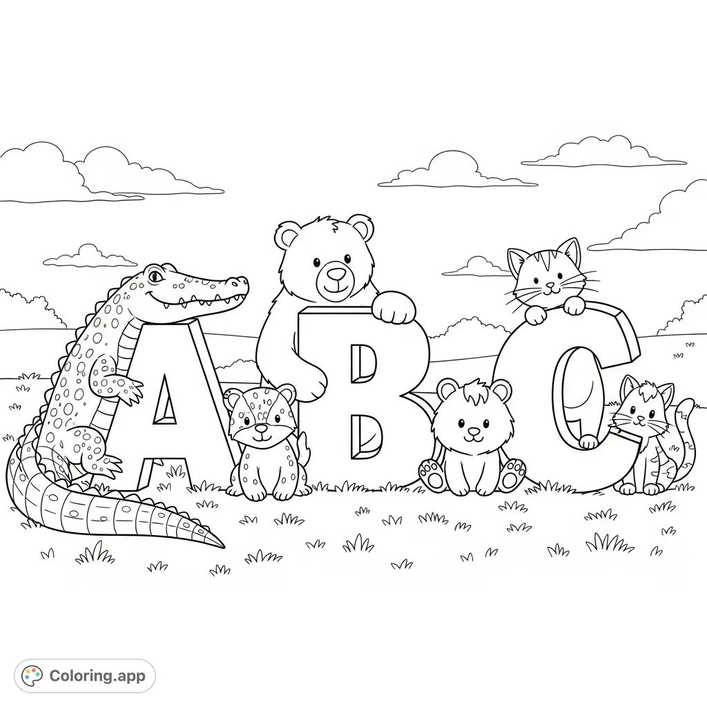 Discover a charming alphabet animals coloring page featuring an alligator with 'A', a bear with 'B', and a cat with 'C' in a serene meadow.