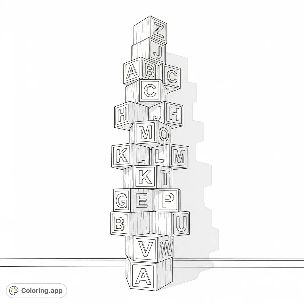 Discover a towering stack of alphabet blocks, from A to Z, ready for vibrant coloring. A fun and educational free printable alphabet block coloring page for all ages.