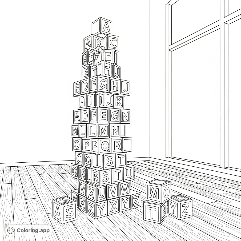 Explore a majestic tower of alphabet building blocks, each letter from A-Z prominently displayed, resting on a wooden floor near a window. A fun, educational coloring page.