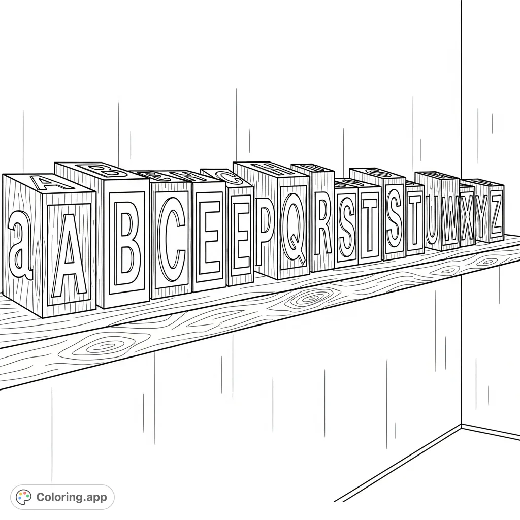 Explore the A to Z with this educational coloring page featuring a full set of alphabet blocks neatly arranged on a sturdy wooden shelf against a plain wall.