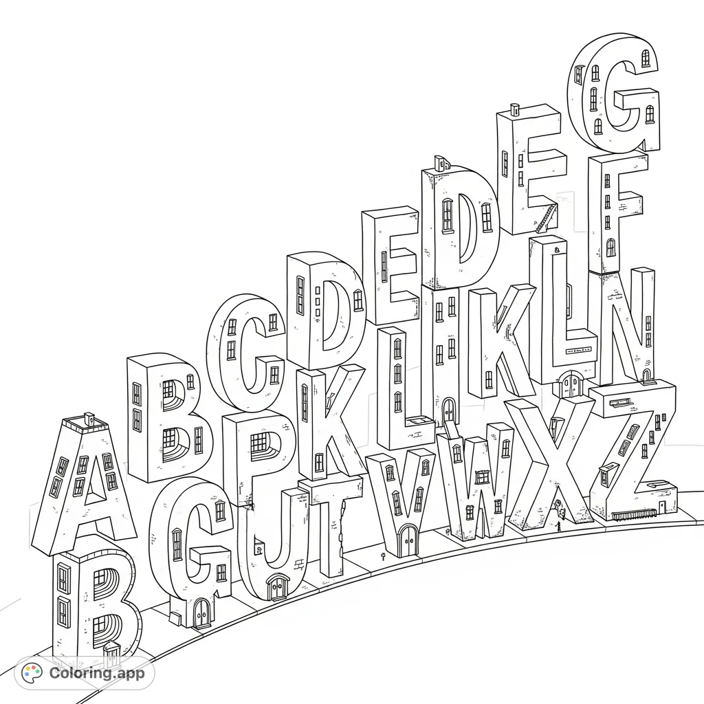 Explore a whimsical cityscape where buildings are shaped like letters A-Z, forming a unique streetscape with windows and doors. A fun and educational coloring page.