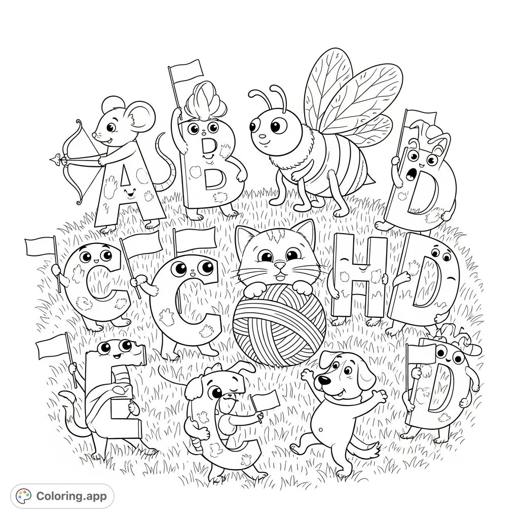 A delightful alphabet coloring page featuring personified letters as cheerful creatures—an archer mouse 'A', a busy bee 'B', curious cat 'C', and dancing dog 'D'—on a grassy field. Perfect for learning and fun!