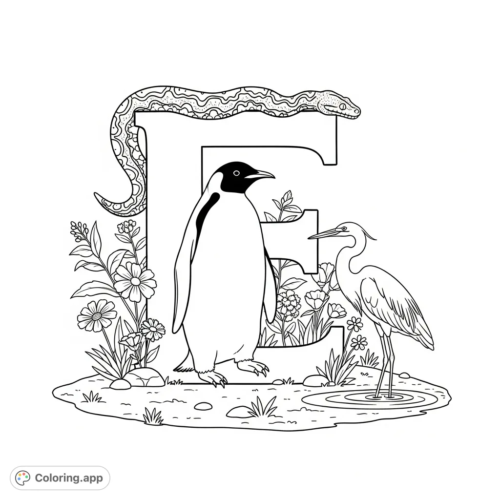 A captivating letter E coloring page featuring an emperor penguin, elegant egret, and emerald tree boa amidst wildflowers and a sparkling puddle. Perfect for learning and fun!