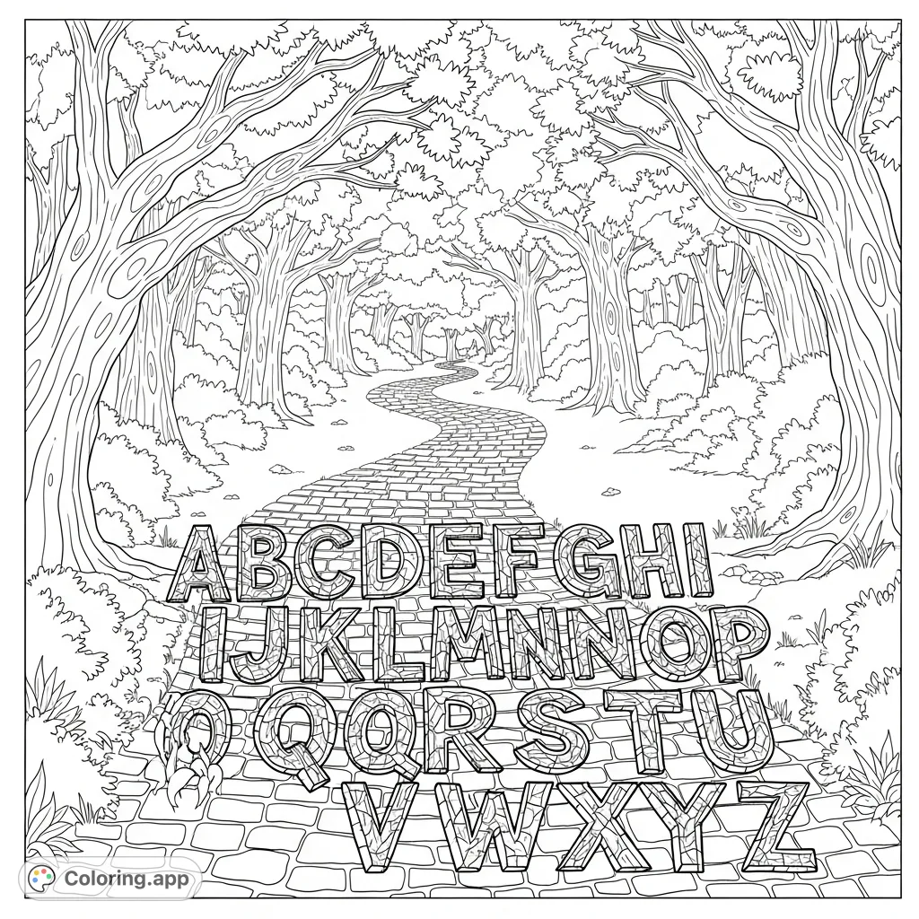 Explore an enchanted forest path where the complete alphabet, "ABCDEFGHIJKLMNOPQRSTUVWXYZ", is carved into textured cobblestones, winding beneath ancient trees.