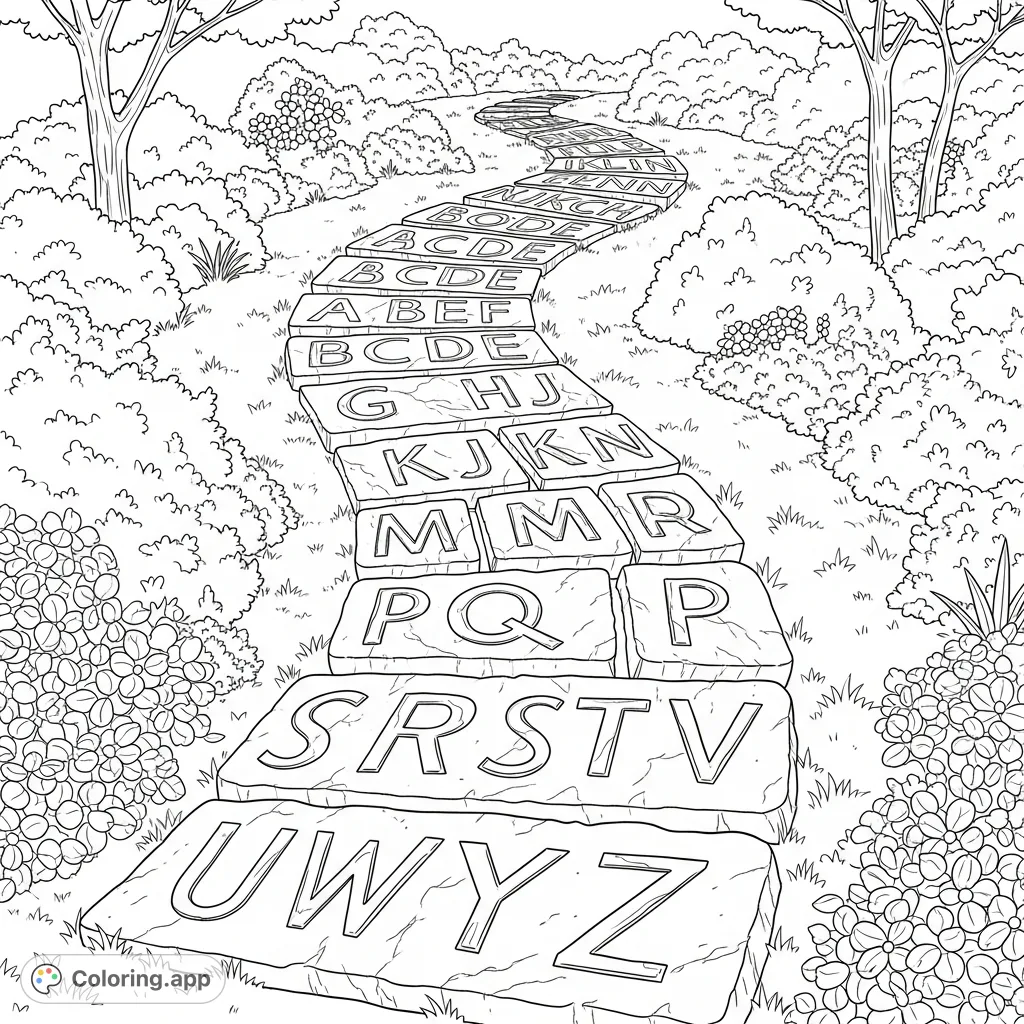 Embark on a creative adventure with this Alphabet Garden Path coloring page. Follow the winding stone path from A to Z through a garden of bushes and flowers.