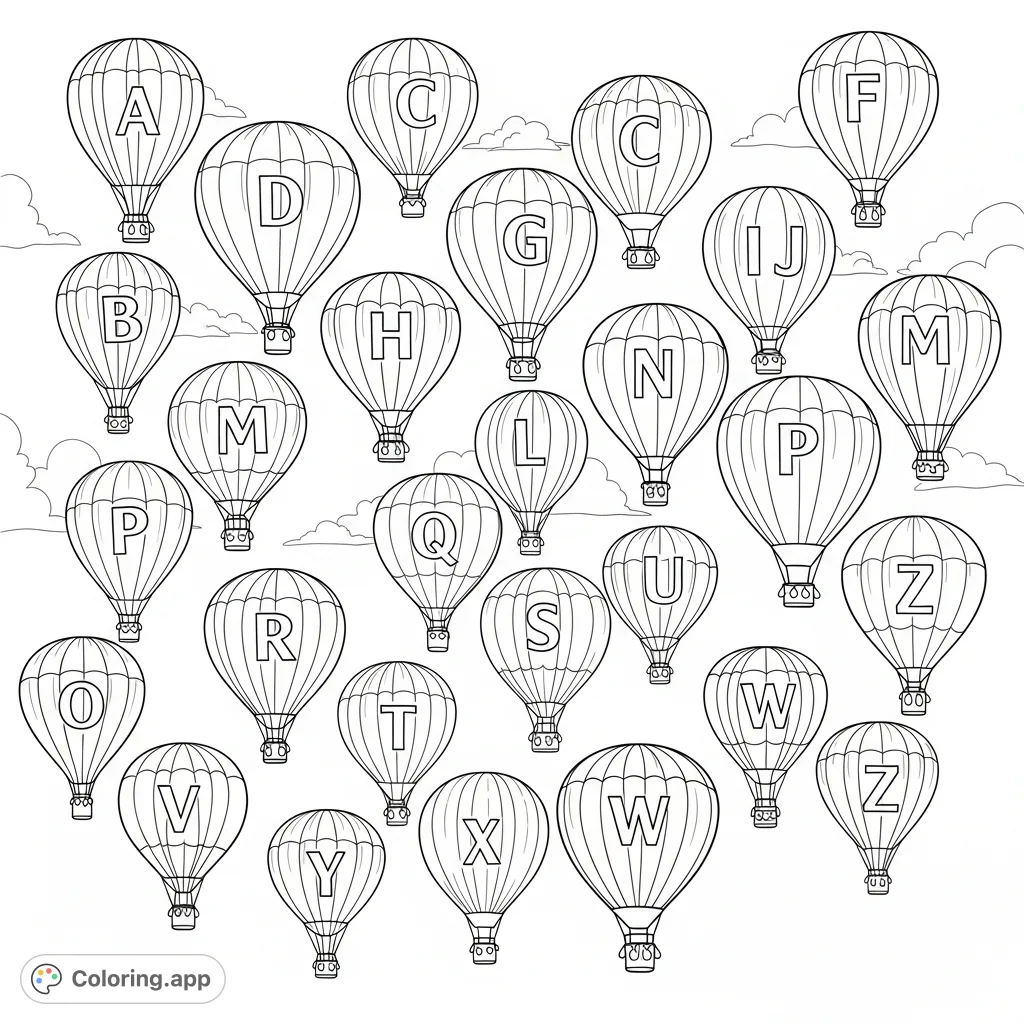 Soar through the alphabet with this charming hot air balloon coloring page! Twenty-six balloons, each with a letter A-Z, float gracefully in the sky.