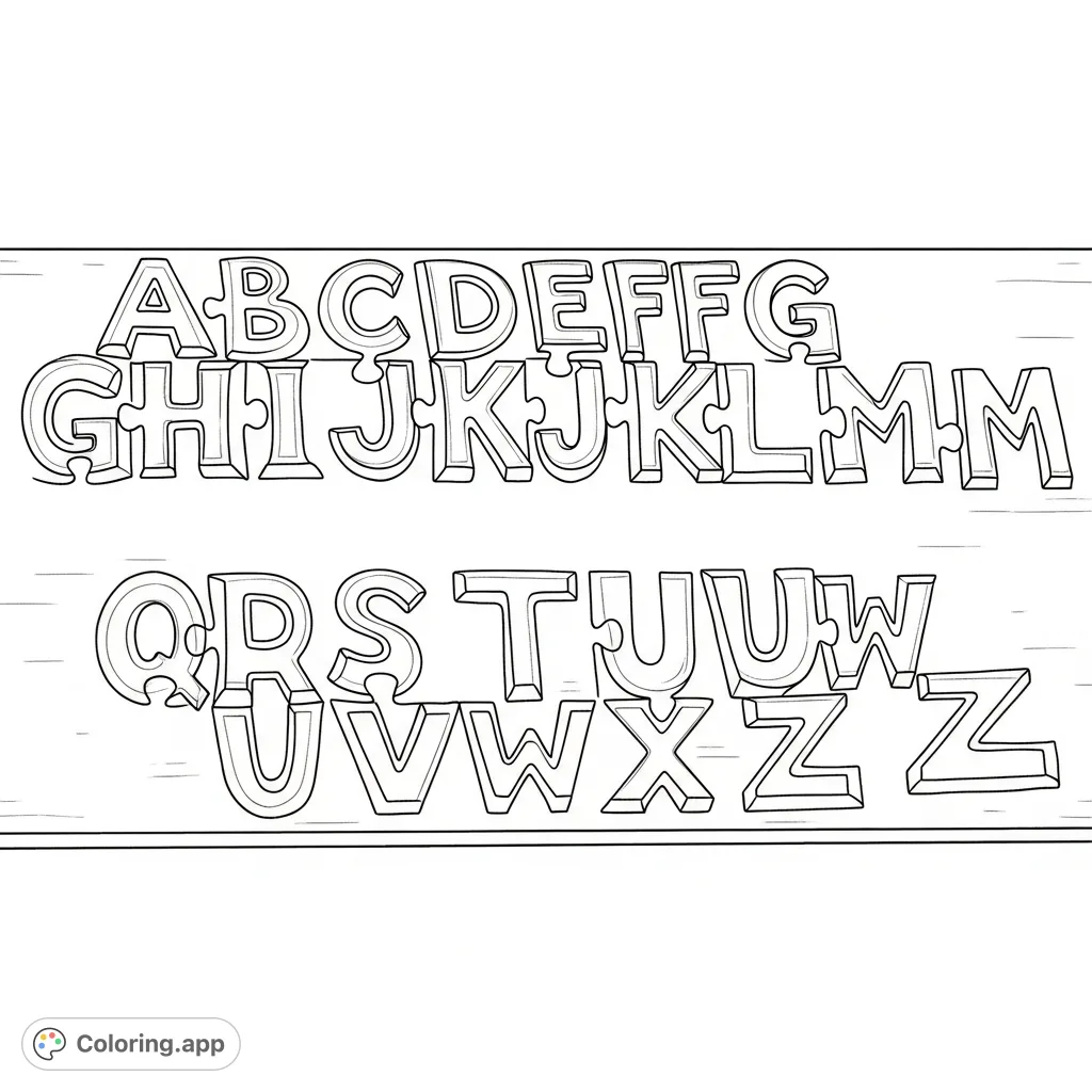 Engage with this intricate alphabet letter puzzle coloring page featuring all 26 capital letters interlocking from A to Z on a tabletop. Perfect for learning and fun!