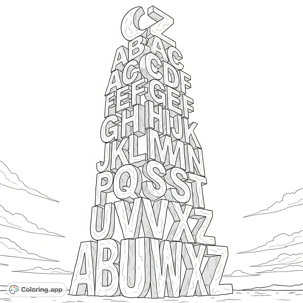 Discover this unique alphabet coloring page featuring all 26 capital letters stacked in a monumental stone-like column. Perfect for learning and creative expression.