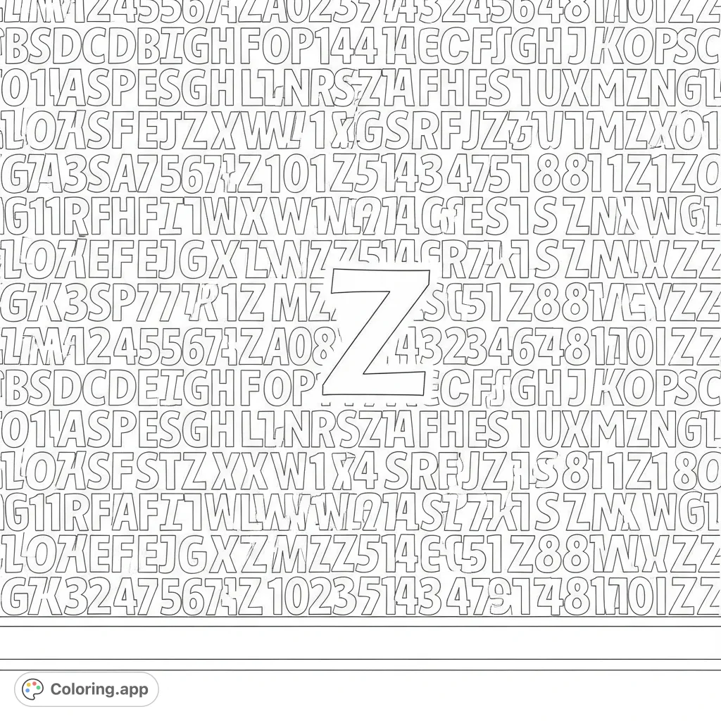 An intricate alphabet and number wallpaper pattern covers a child's bedroom wall, featuring stylized letters and numbers with a prominent 'Z'. Perfect for learning!