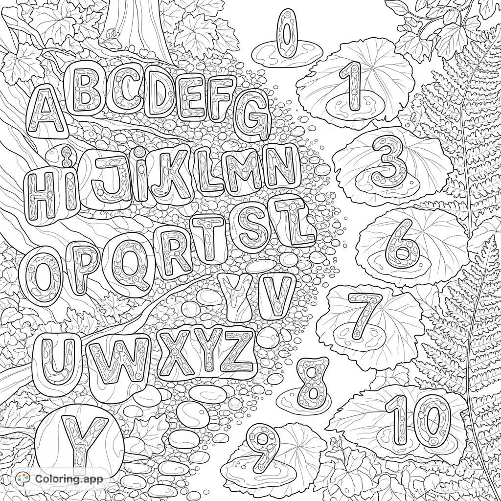 Discover a unique learning adventure with this intricate coloring page featuring carved alphabet letters on river stones and numbers as dew drops on fern leaves.
