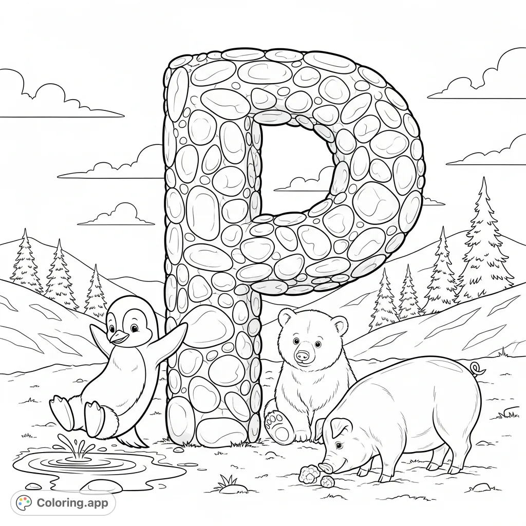 Explore the Letter P with a playful penguin, patient polar bear cub, and rooting pig on a decorative stone P, set against a chilly, snowy backdrop.