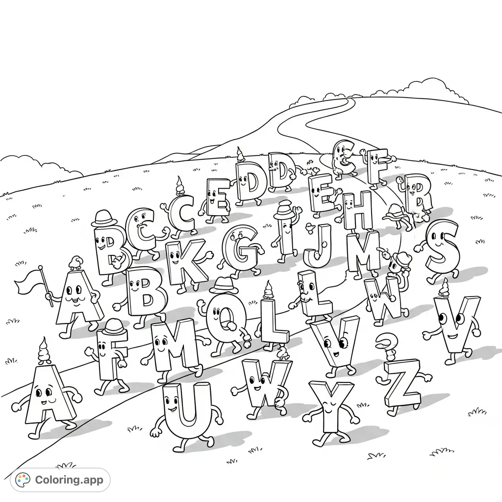 Join the lively parade of anthropomorphic alphabet letters across a grassy hill. Each letter shows a unique personality in this fun, free printable design.