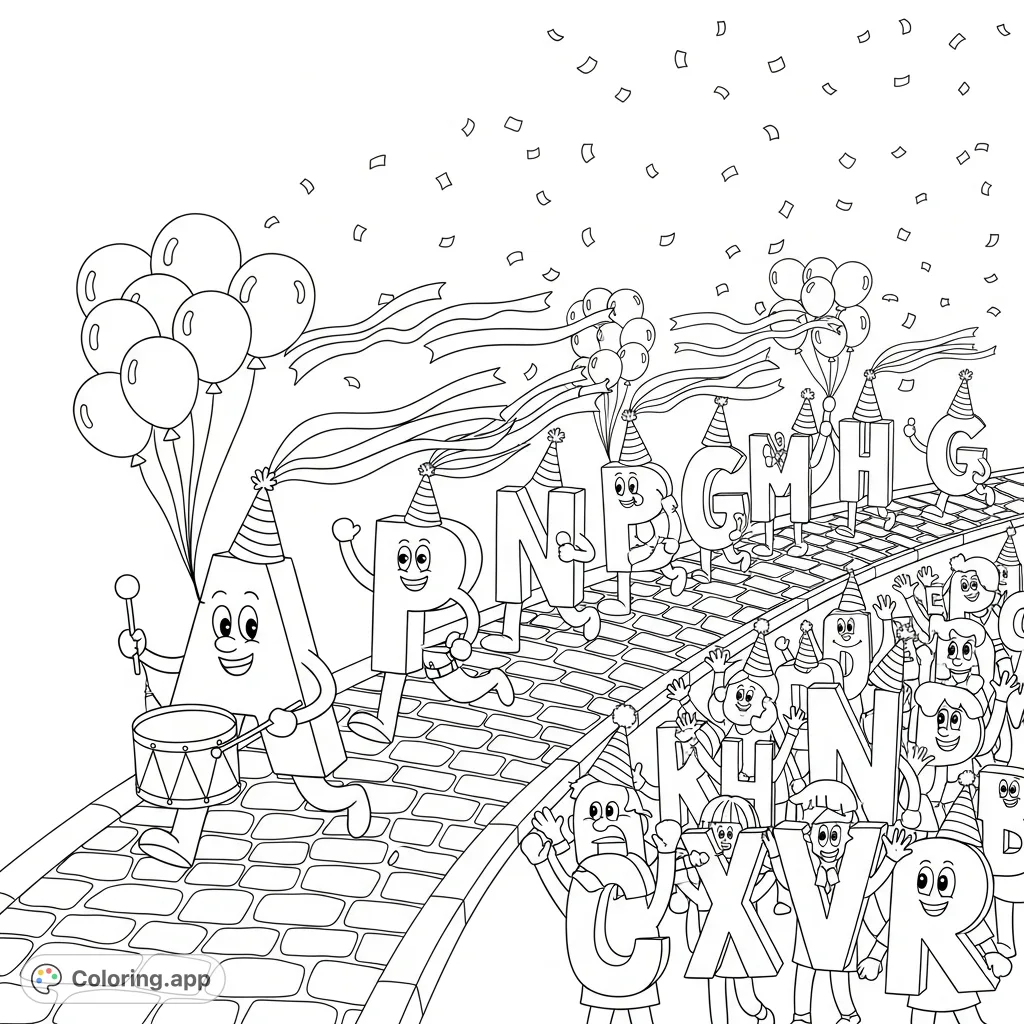 Join a whimsical alphabet parade! Each letter is decorated with streamers and balloons, led by 'A' with a drum, along a cobblestone street with cheering letter-shaped spectators.