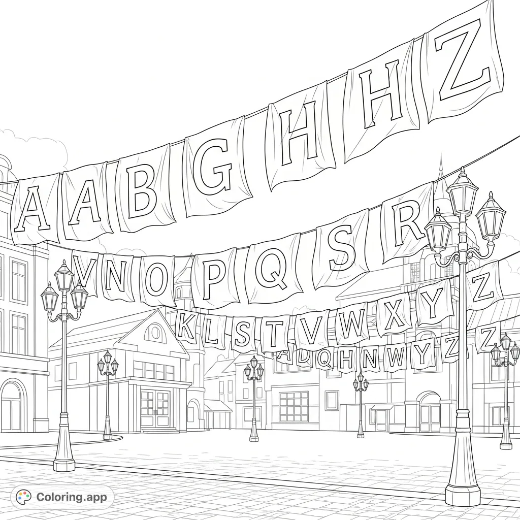 A vibrant capital letter parade in a charming town square. Each letter A-Z on its own banner, suspended between ornate lampposts, swaying in the breeze. Perfect for learning fun!