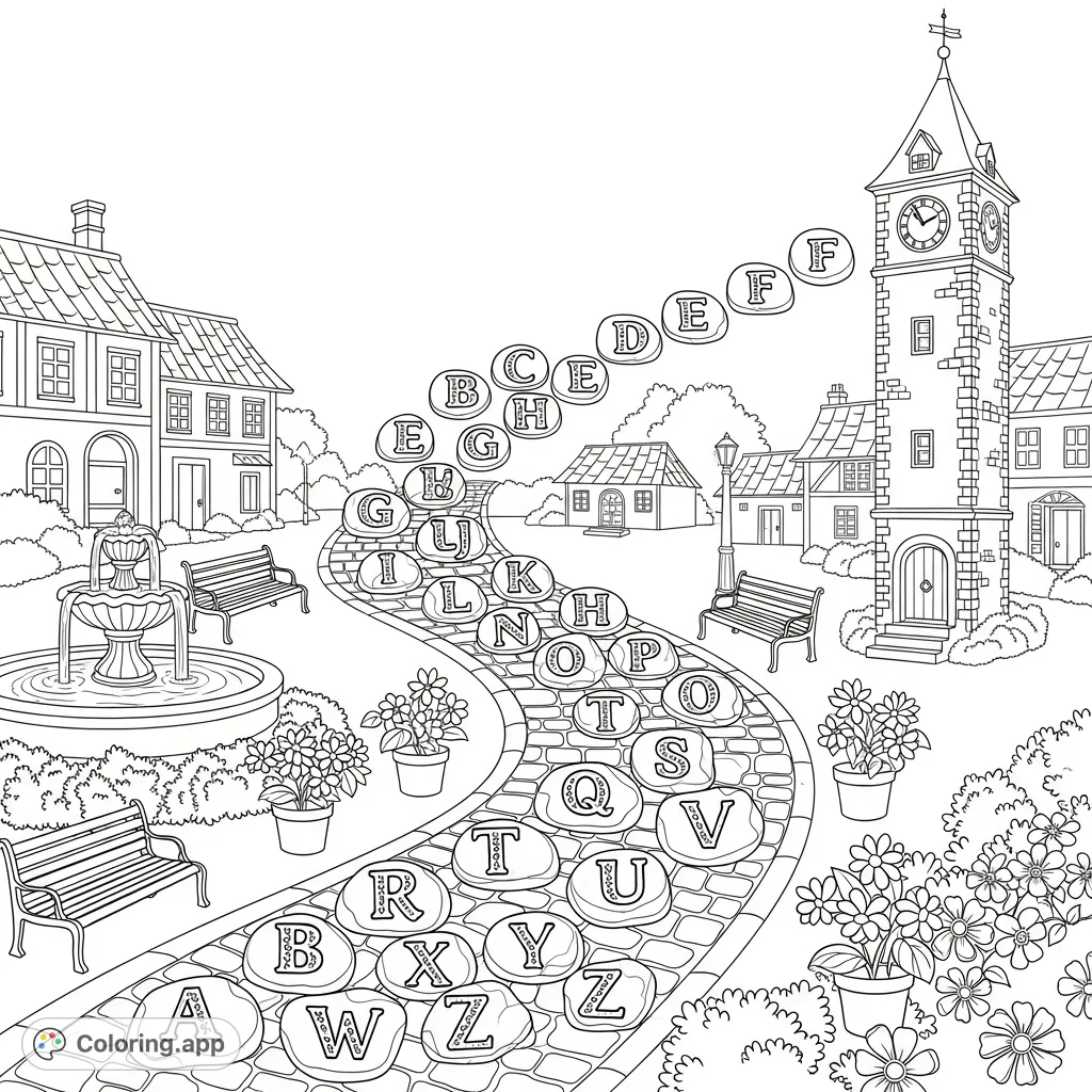 Embark on an ABC journey! A charming village square features a cobblestone path winding past a fountain and clock tower, with each English alphabet letter etched into stones.