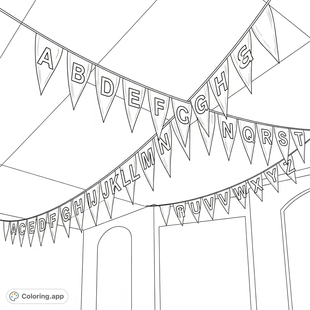 A fun alphabet pennant garland coloring page featuring all 26 capital letters from A to Z, perfect for learning and creative expression.