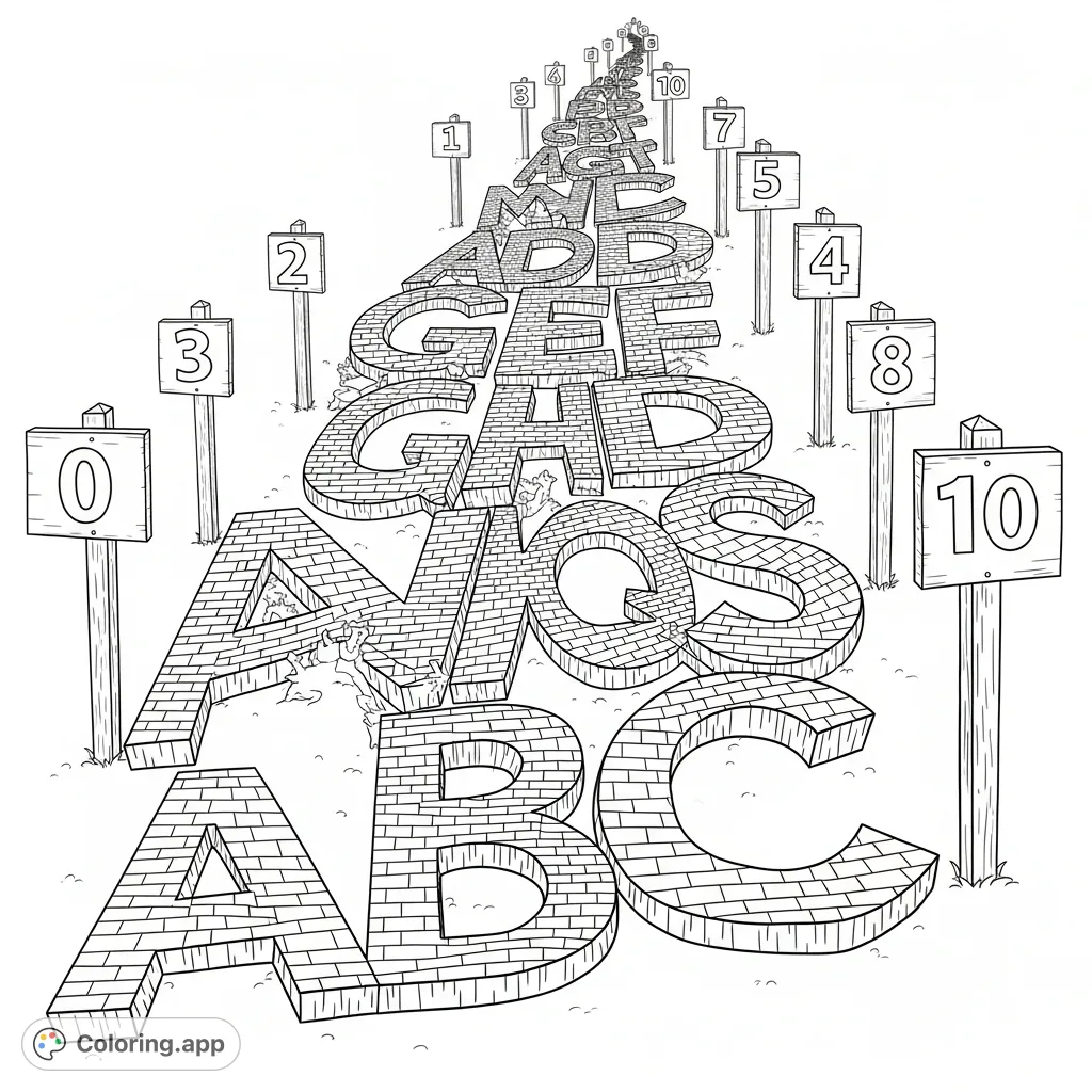 Embark on an educational adventure! This unique coloring page features a winding brick road forming the alphabet, with sequential numbers 0-10 on signposts.
