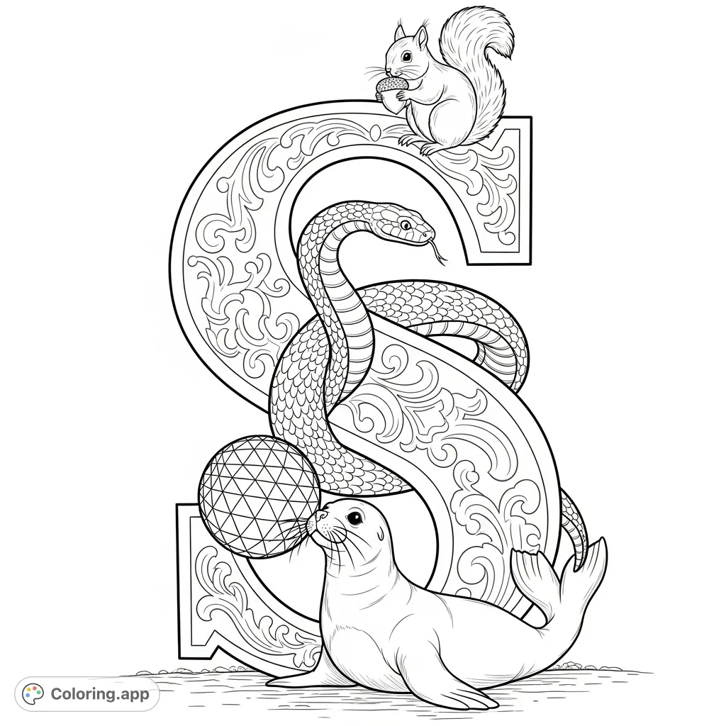 Explore the alphabet with this captivating 'S' coloring page, featuring a coiled snake, a bushy-tailed squirrel with an acorn, and a playful seal balancing a ball.