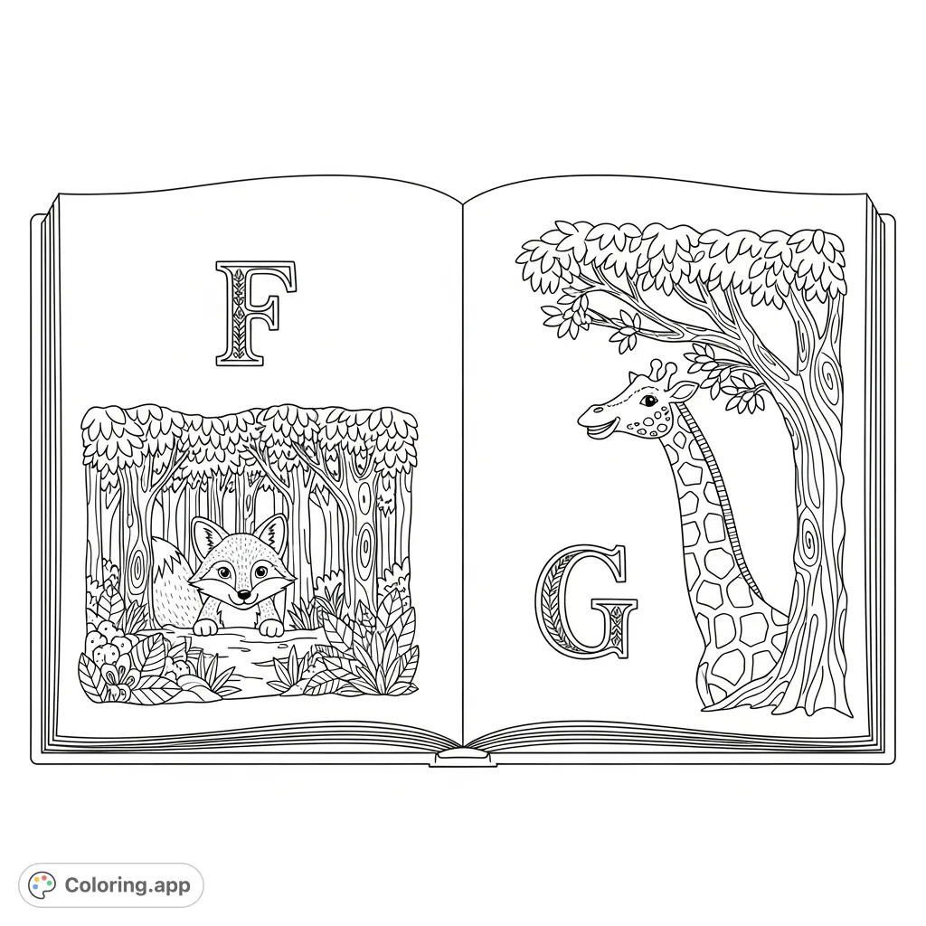 Explore an alphabet storybook with detailed scenes for each letter, featuring a friendly fox and a grinning giraffe, perfect for learning and creative coloring.