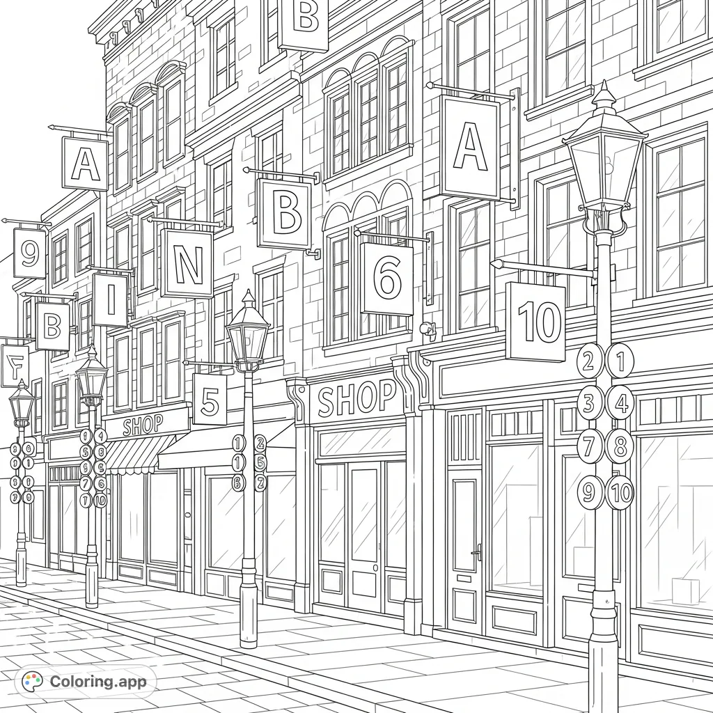 Explore an engaging street scene featuring shop signs with alphabet letters and buildings marked with numbers 0-10. A fun, educational urban coloring adventure!
