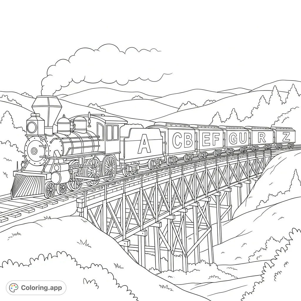 An old-fashioned alphabet train chugs across a wooden bridge, with each car displaying a letter from A to Z, perfect for learning and creative coloring.