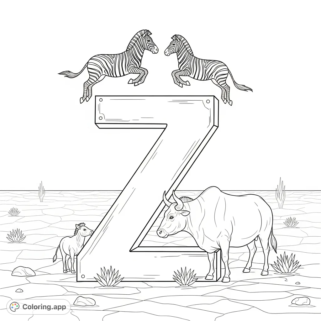 A playful group of 'Z' animals – two zebras, a zebu, and a zokor – gather around a giant letter Z on a cracked desert plain in this educational coloring page.