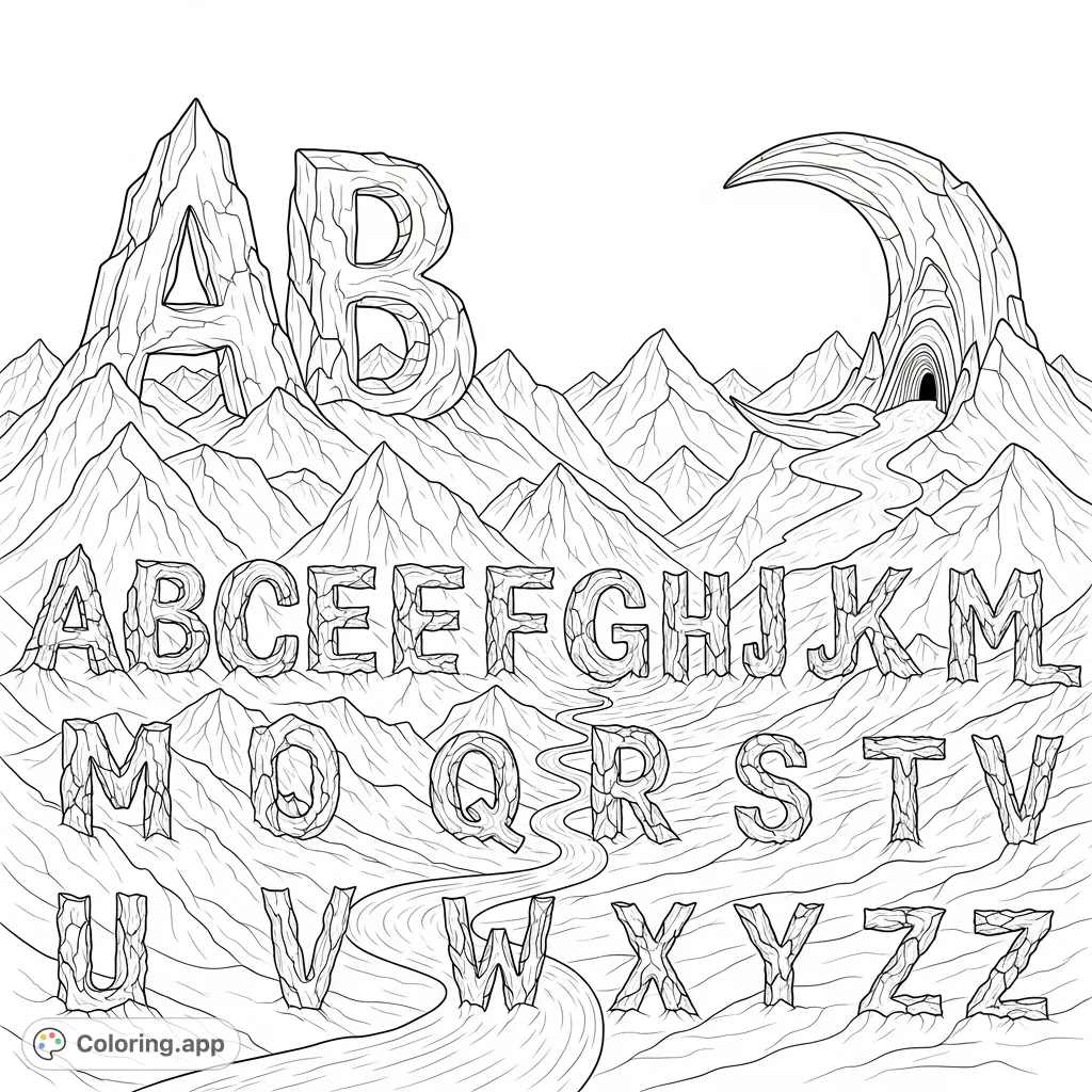 Discover a unique alphabet mountain coloring page! All 26 letters are subtly integrated into a rugged landscape of peaks, valleys, and winding rivers.