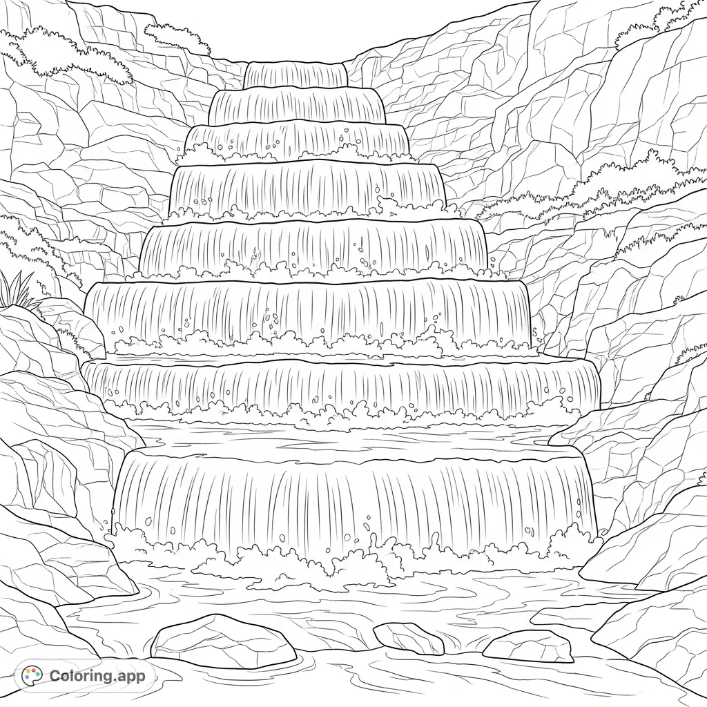A dynamic alpine waterfall tumbles over jagged, stepped rocks. This detailed scene offers a refreshing escape and a satisfying coloring challenge for nature lovers.