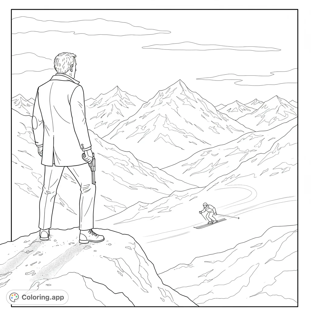 An alpine spy scene coloring page with a man on a cliff overlooking mountains and a skier. Free printable coloring page for adults.